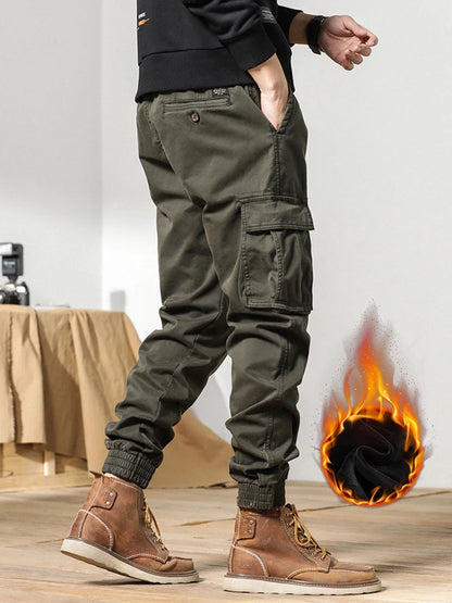 2024 New Winter Cargo Pants Men Multi-Pockets Drawstring Fleece Liner Thick Warm Overalls Joggers Casual Cotton Thermal Trousers.