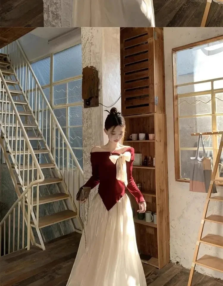 Red One-Shoulder Long-Sleeve Knitted Sweater Women's Spring New Year Slim Fit Short Top Butterfly Knot Decorated Cotton T-shirt.