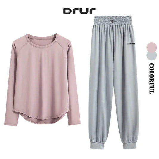 DRUR 2pcs Running Set Women Tracksuit Lightweight Loose Long Sleeve Sport Shirt Pants Sets 2 Piece Sportswear Outfit Gym Clothes.