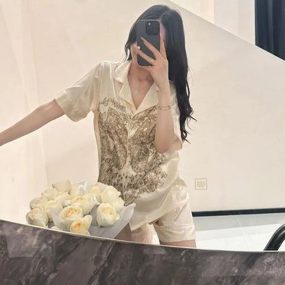 2024 New Sexy Butterfly Ice Silk Pajamas For Women Spring Long Sleeved Set Sleepwear.