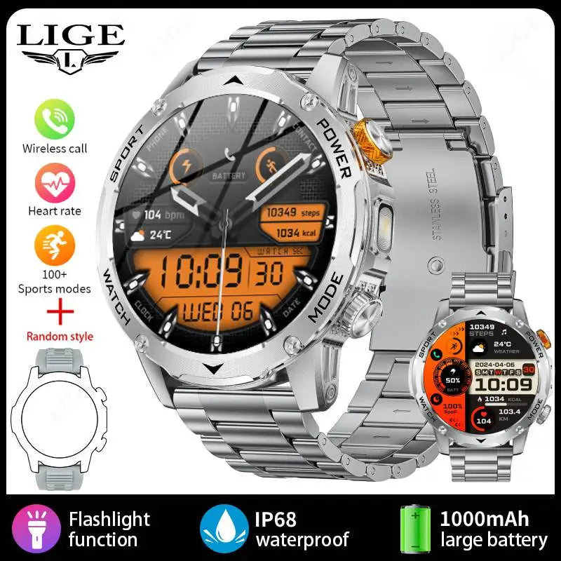 LIGE 2025 New 1000mah Smart Watch Men AMOLED HD Display Sport Fitness LED Flashlight Bluetooth Call Smartwatch For HUAWEI XIAOMI