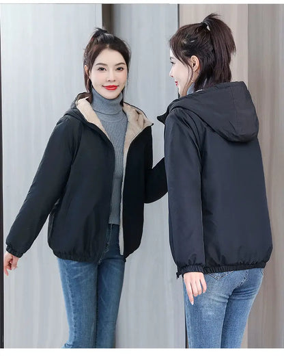 Women's Fleece Coat Winter Warm Thicken Solid Windbreaker Hooded Cotton Plush Hooded Jackets Casual Outdoor Windproof Jacket