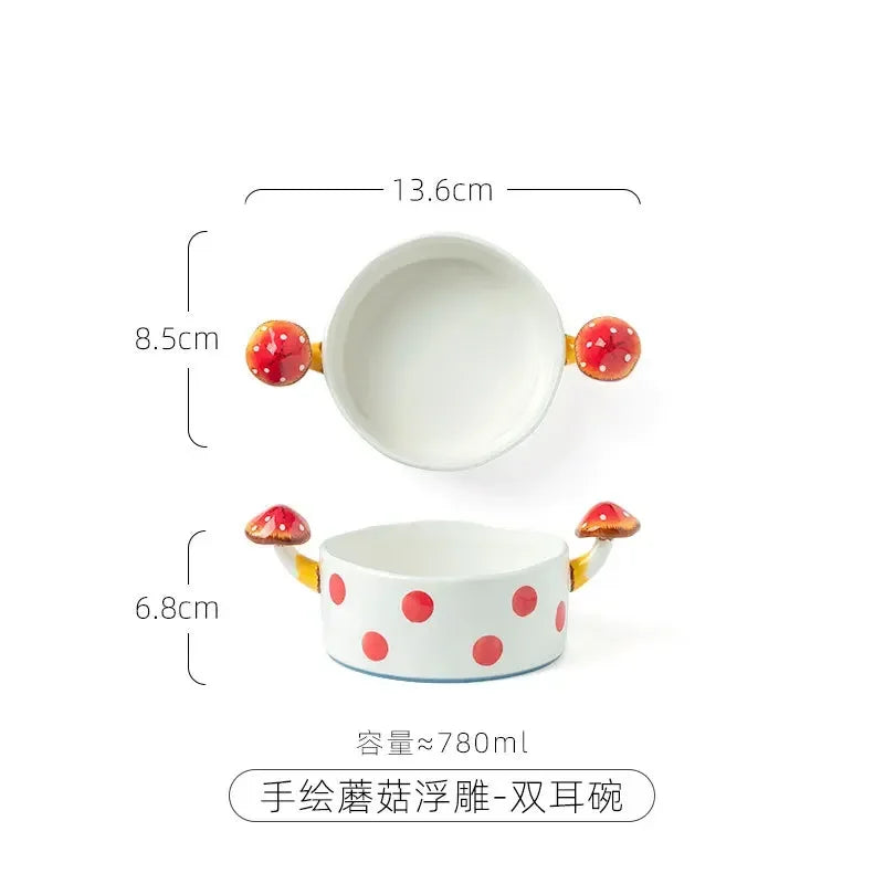 Ceramic Mushroom Western Steak Plate Embossed Amphora Noodle Soup Bowl Cartoon Cute Coffee Cup Home Fruit Dessert Salad Dishes.