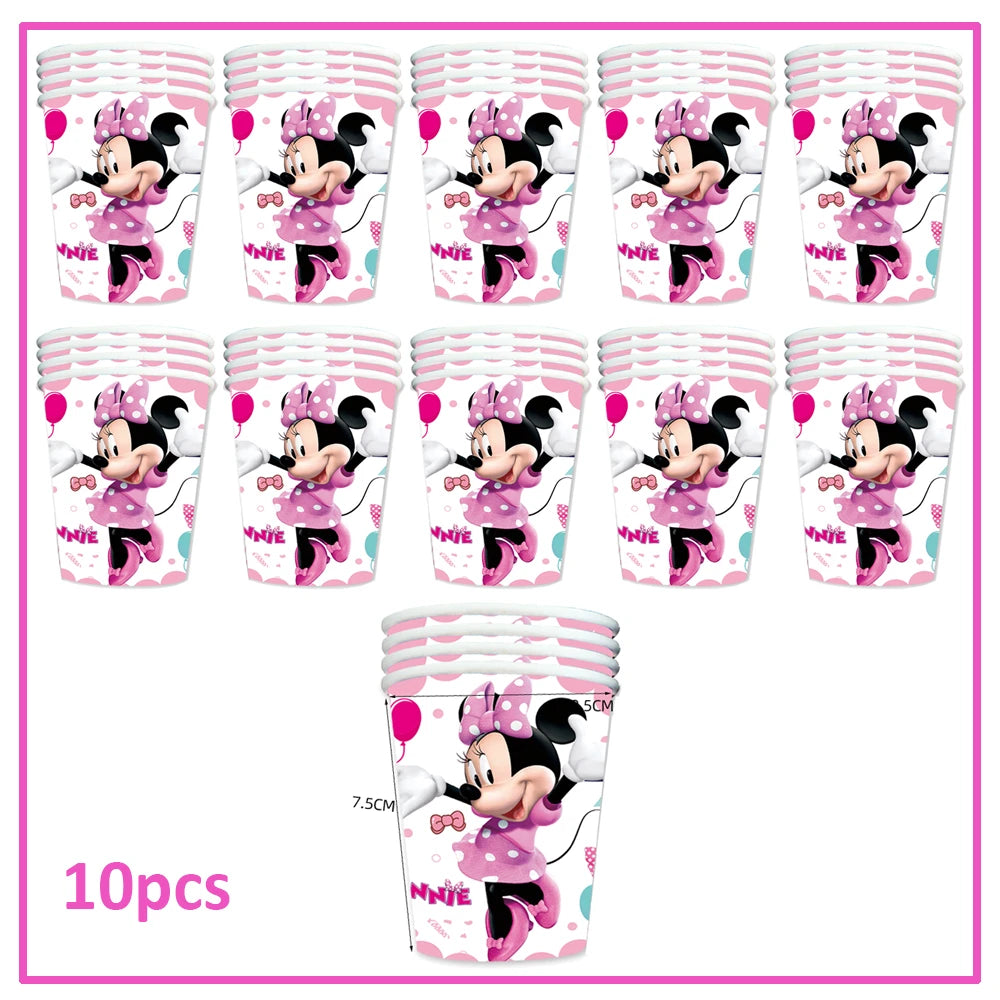 Disney Minnie Mouse Birthday Party Decoration Pink Minnie Paper Cups Plates Napkin Tablecloth Tableware Balloosn Baby Shower Kid