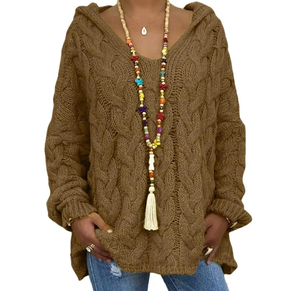 Mit kapuze V-ausschnitt Mit Langen Ärmeln Twist Gestrickte Hoodie Herbst Winter Einfarbig Lose Pullover Jumper Weibliche Kleidung.