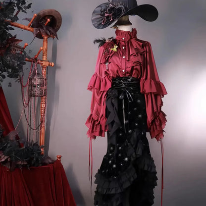 Lolita Y2k Gothic Dark Academia Clothes Loose Long Sleeve Shirt Women Y2k Stand Collar Ruffles Patchwork Blusas De Mujer.