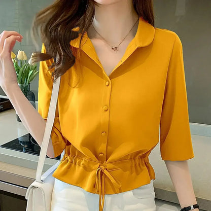 Summer Women All-match Solid Turn-down Collar Half Sleeve Chiffon Shirt Fashion Casual Shirring Single-breasted Blouses Female.
