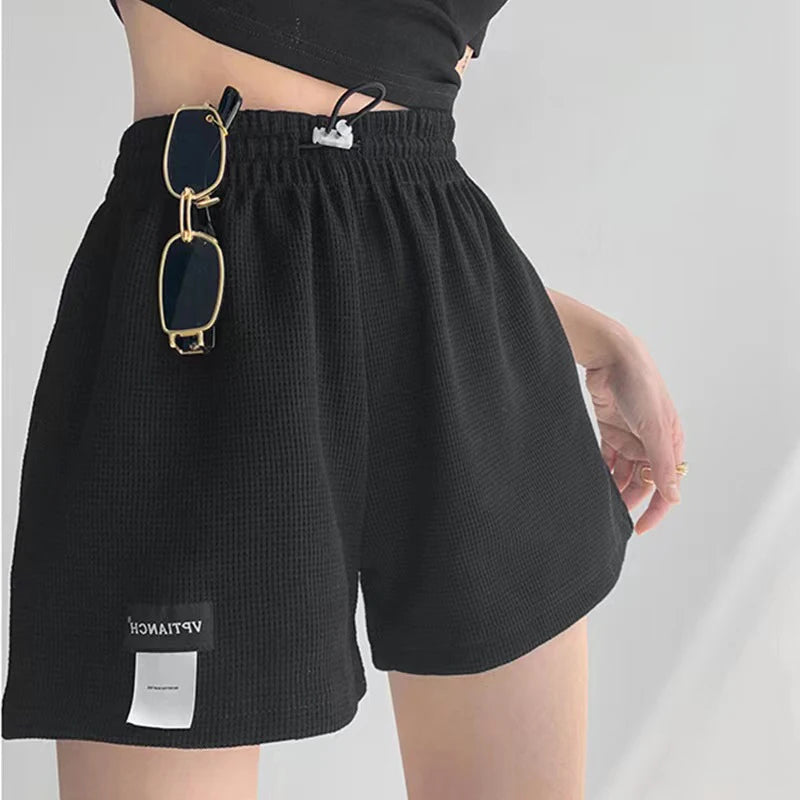 2025 Waffle Women's Shorts High Waist Black Shorts Casual Aesthetic Elastics Hot Pants Loose Summer Women's Clothing Bottoms