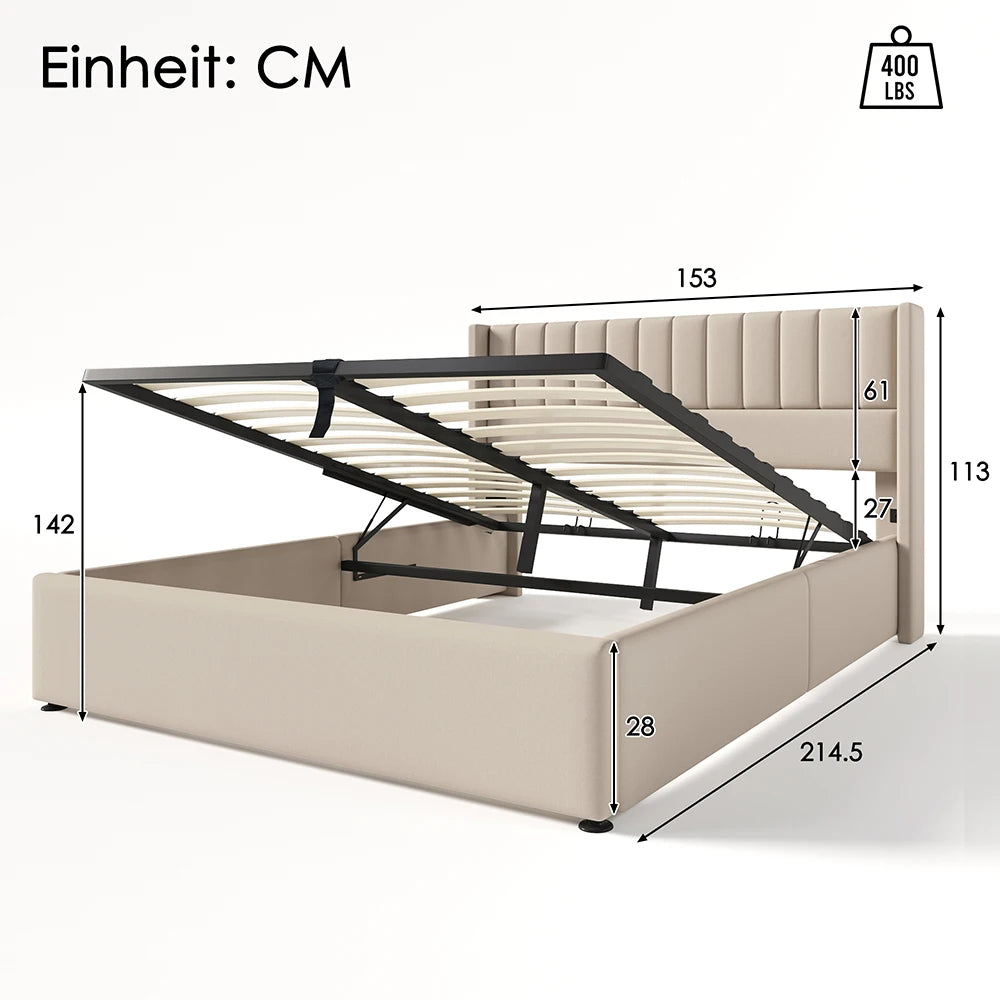KOMHTOM Hydraulisches Doppelbett 180x200cm mit Polster, Lattenrost aus Holz, Metallrahmen, Leinen, Beige