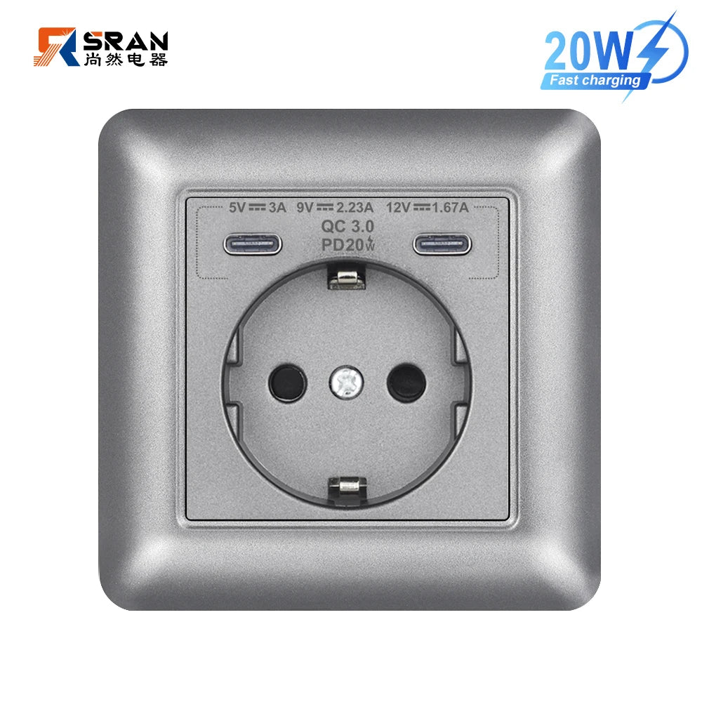 SRAN USB-Wandsteckdose, 20 W, schnelles Laden und 5 V, 2 A, EU-Standard, 82 x 82 mm, flammhemmendes PC-Panel, USB-Typ-C-Kombination.