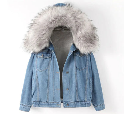 Mit kapuze Denim Mäntel Taschen Einreiher Jacke 2024 Herbst Winter Oberbekleidung Dicke Warme Bequeme Frauen Casual Mantel.