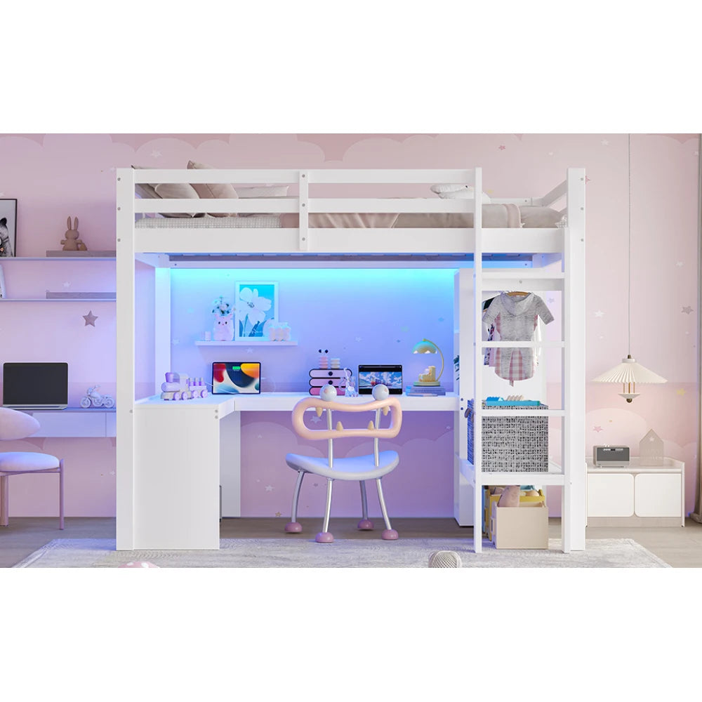 Modernes Kinder-Hochbett 140 x 200 mit Multifunktionsregalen, Unterbett-Schreibtisch, LED-Licht und USB, Kleiderschrank mit Stauraum, für Schlafzimmer