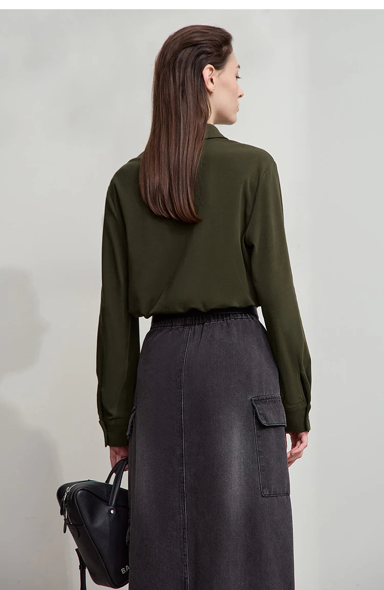 AMII Office Lady Shirt 2025 Autumn New Minimalism thick Long Sleeves Blouse Elastic Cotton Lapel Women's Clothing 12553079