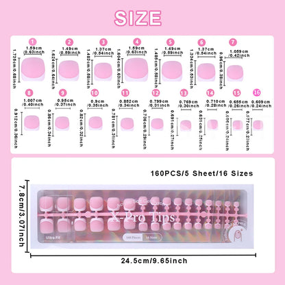 160pcs White Pink French Fake Press on Fake Nails Tips Short Square Full Cover Artificial Acrylic Fake Toenails For Nail Salons.