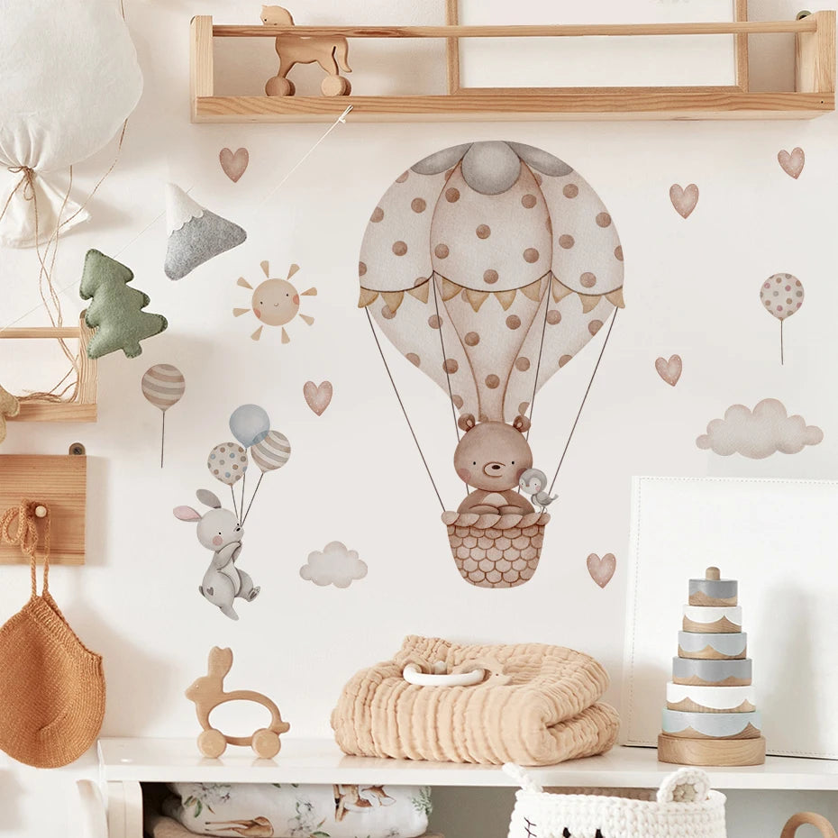 Cartoon Hot Air Balloon Animals Bear Rabbits Wall Stickers for Child Room Boy Room Decoration Nursery Baby Room Decoration Decal.