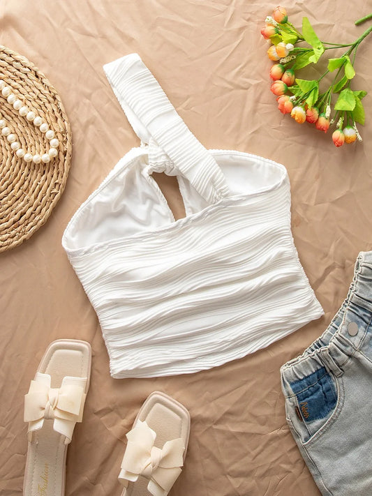 One shoulder openwork off-the-shoulder water ripple asymmetrical bandeau top.