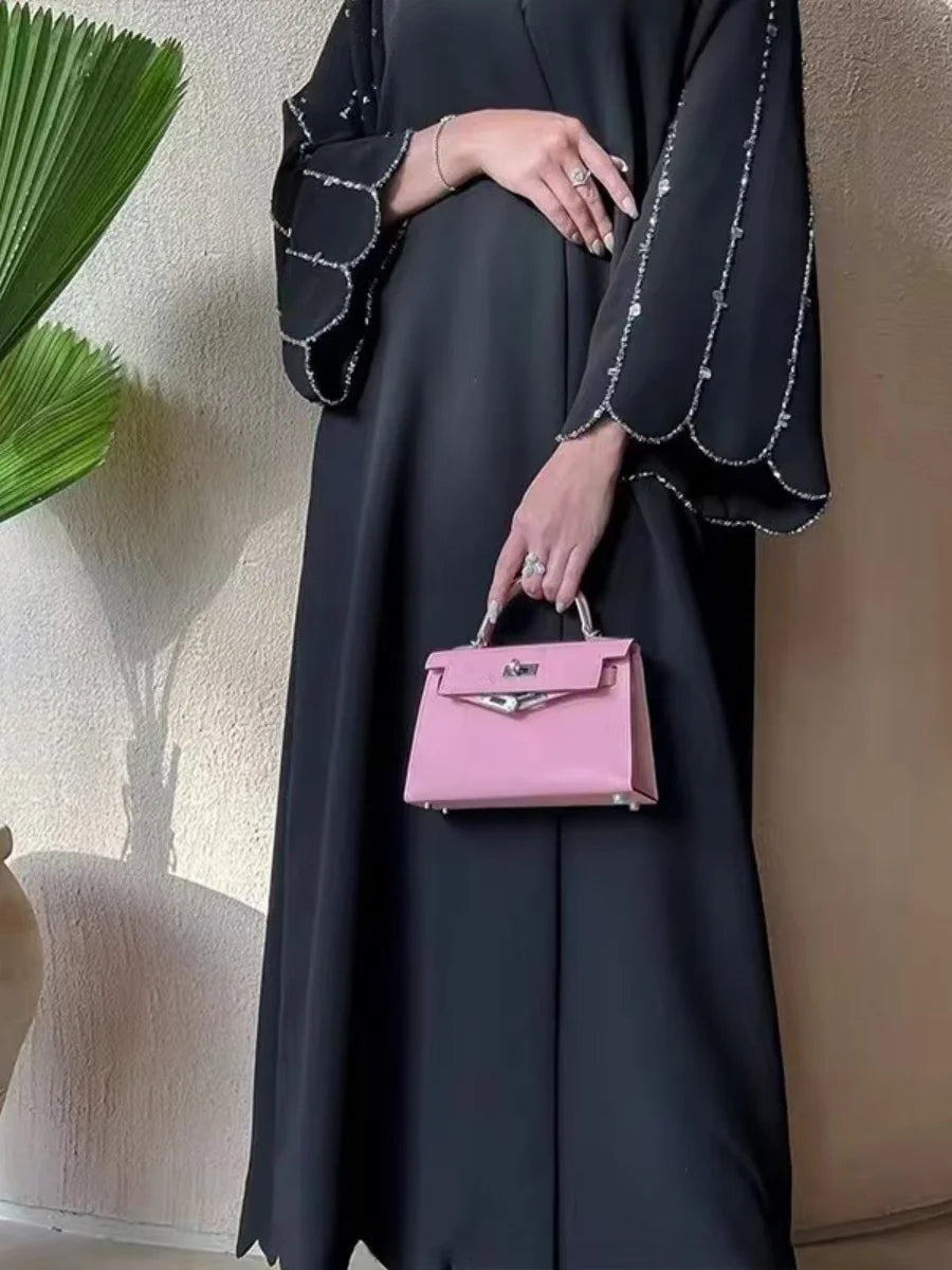 Middle East Women Arabic Dubai Abaya Made Beading Kimono Cardigan Long Dress Modest Ramadan Robe Femme Islam Clothing Kebaya.
