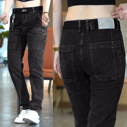 Men Cargo Pants Slim Stretch Jeans Multi Pocket Fashion Streetwear Designer Skinny Male Denim Trousers Brand Clothes Blue Black