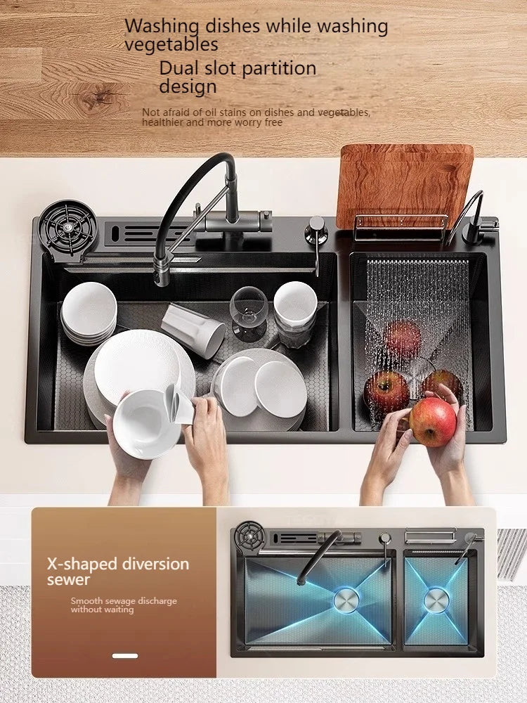 Stainless Steel Kitchen Sink Large Double Slot Waterfall Outlet Convenient for Dish and Vegetable Washbasin