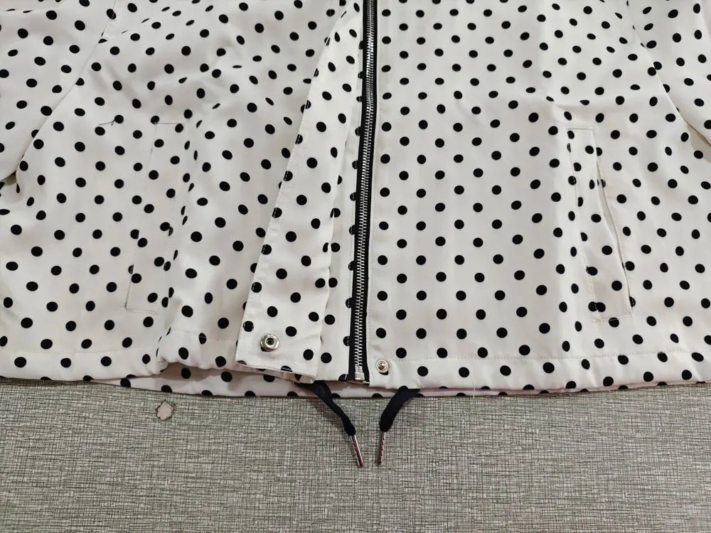 TRAFZA Herbst Polka Dot Gedruckt Jacke Für Frauen Lange Ärmel Rollkragen Zipper Mit Taschen Kordelzug Lose Vintage Mäntel.