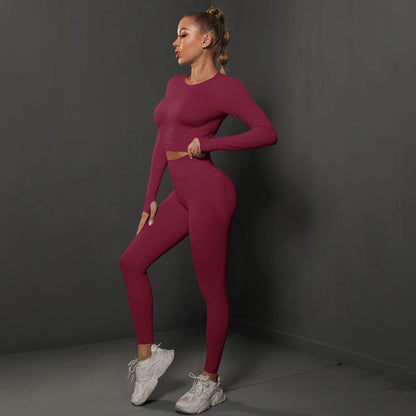 2Pcs Women Sets Energy Seamless Gym Suits Bubble Butt Sports Pants+Long Sleeve Shirts Push Up Running Sets Tracksuits Tights Set.