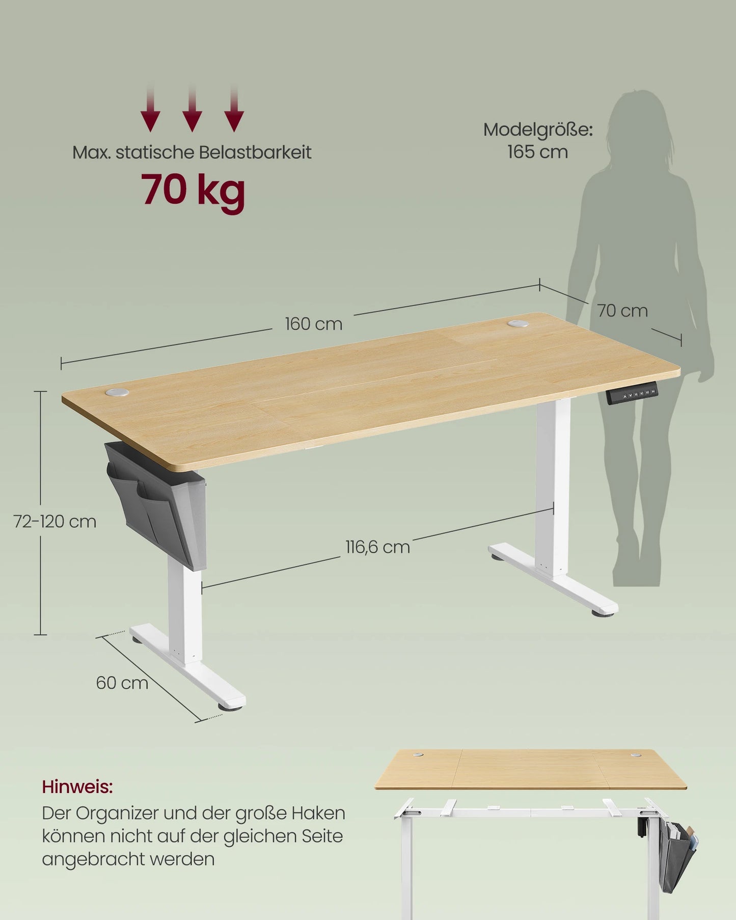 SONGMICS Höhenverstellbarer Schreibtisch elektrisch, 160 x 70 cm, verstellbarer Tisch, Memory-Funktion für 4 Höhen, für Büro
