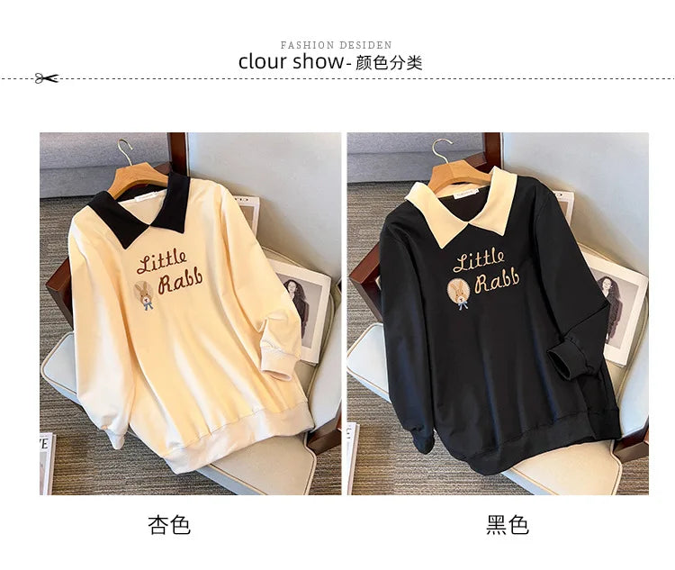 175kg plus size Damen büste Herbst lose Revers Sweatshirt Langarm lässig Top schwarz Aprikose 6xl 7xl 8xl 9xl 10xl 11xl.