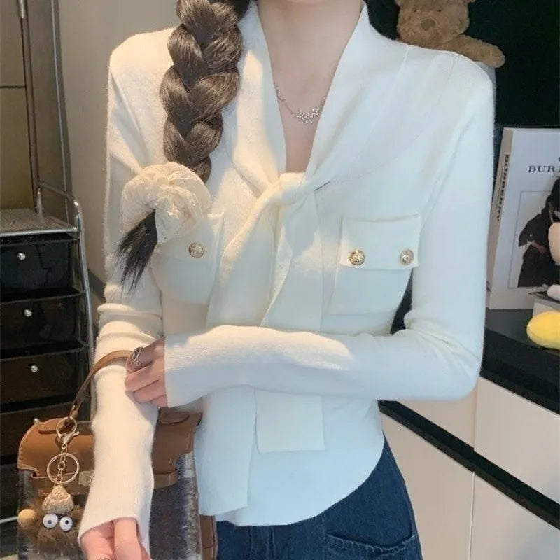 Frauen Frühling Herbst Einfachheit Büro Dame V-ausschnitt Einfarbig Langarm Strickwaren Damen Mode Alle-spiel Temperament Tops.