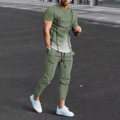 Spring Men Short T-shirt Trousers Suit 3D Printed Newest Retro Casual Men T-shirt Trousers Suit Man Short Sleeve Long Pants Sets.