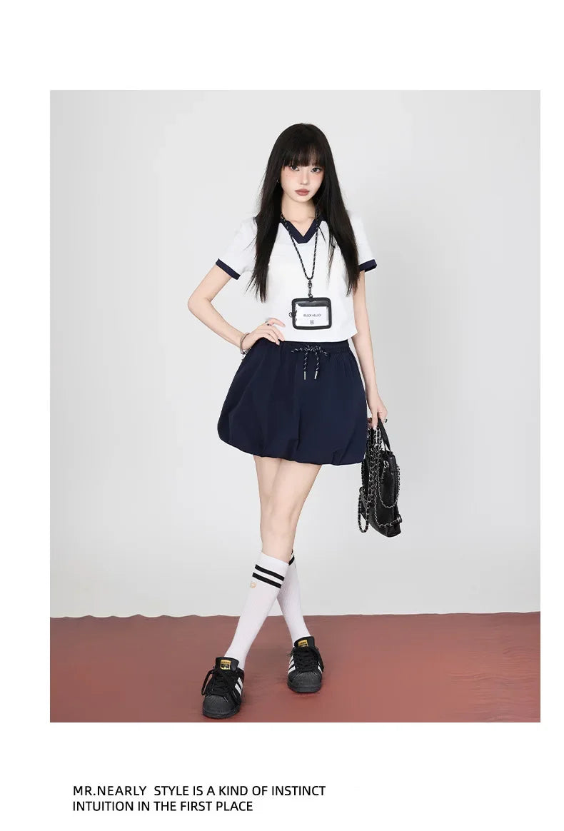 Korean College Style Half-length Shorts Floral Pants White Short-sleeved Set 2025 Versatile New Model Cotton V-neck T-shirt.