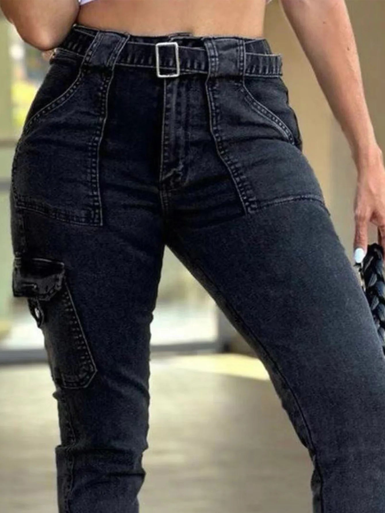 Europe and The United States Foreign Trade New Belt Women's Classic Sexy Tight Small Foot Pants High Spring Washed Cargo Jeans.