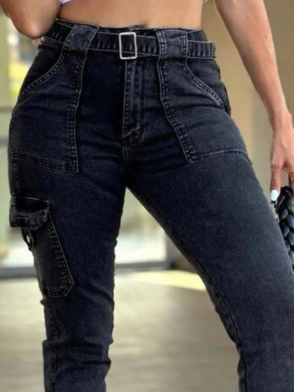 Europe and The United States Foreign Trade New Belt Women's Classic Sexy Tight Small Foot Pants High Spring Washed Cargo Jeans.