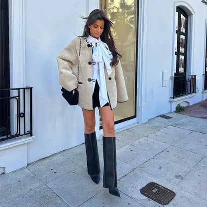 ZBZA Women's Faux Wool Jacket Loose Retro O-neck Single Breasted Long Sleeve Double Pocket Casual Overcoat Fall Winter Chic Coat