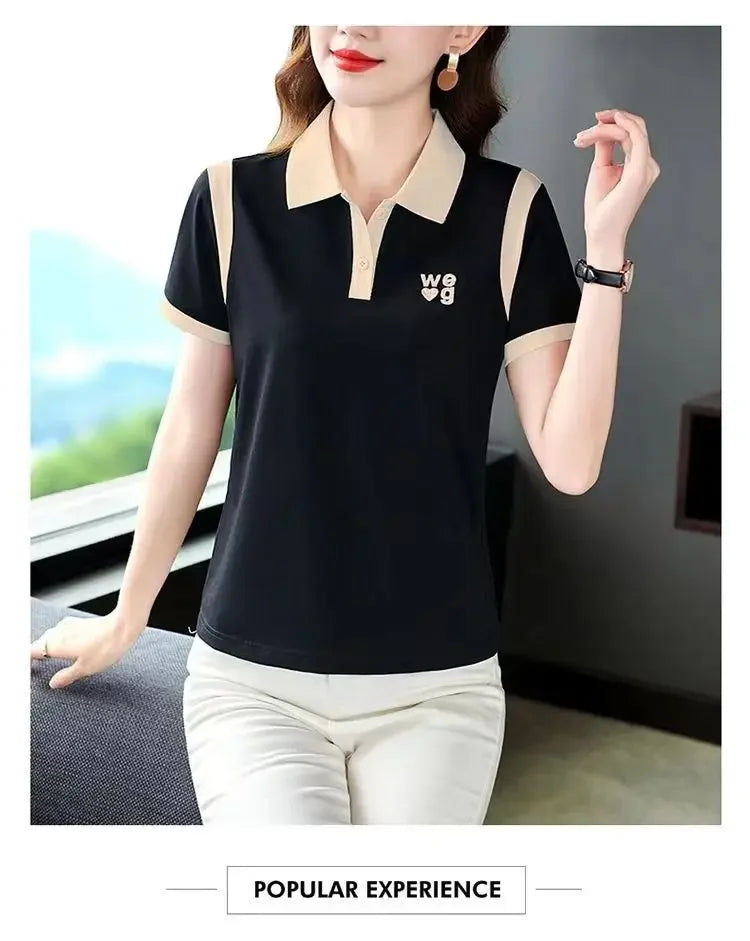 Fashionable Short Sleeve Polo Shirt Women's Summer Sporty Hong Kong Style Top High End Mixed Fabric Slim Fit T-Shirt.