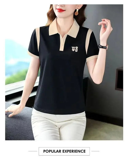 Fashionable Short Sleeve Polo Shirt Women's Summer Sporty Hong Kong Style Top High End Mixed Fabric Slim Fit T-Shirt.