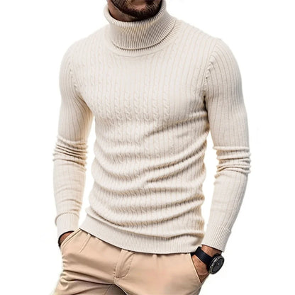 Autumn Winter Men's Turtleneck Sweater Warm Slim Fit Knitted Pullover Jacquard Striped Cozy Soft Knitwear Basic Style.