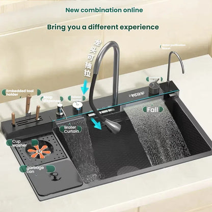 Smart Digital Display Waterfall Faucet Kitchen Sink With Knife Holder and Trash Can Household Wash Dish Basin Large Single Slot