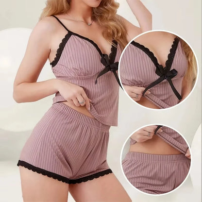 Neues sexy geripptes Pyjama-Set für Damen mit Spitzenbesatz, Cami-Top und Shorts, zweiteilige Nachtwäsche, Loungewear, V-Ausschnitt mit Schleife, Spaghettiträger.