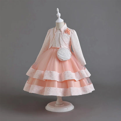 Neues Herbst/Winter Langarm-Partykleid, elegantes Mädchen-Stickerei, Weihnachts-Performance-Kleid, Geschenktüte für Kinder im Alter von 3–11 Jahren