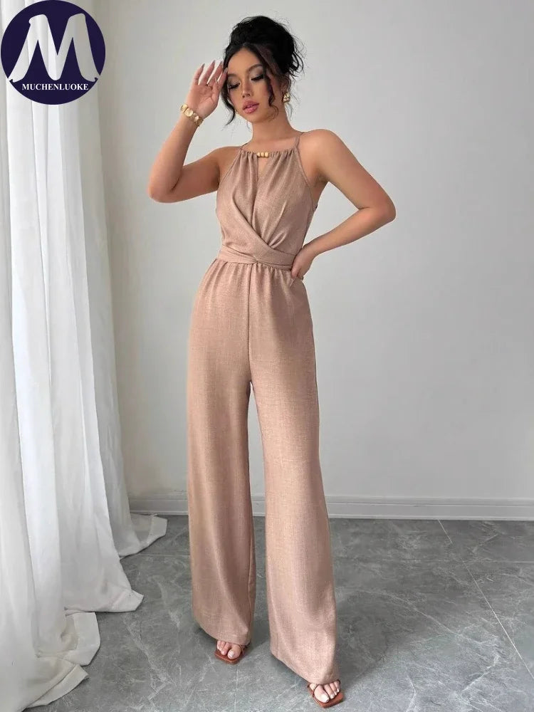 Woman Jumpsuits Elegant Summer Fold Off Shoulder Beads Jumpsuits Fashionable Slim Fit Belt Button High Waist Wide Legs Jumpsuits.