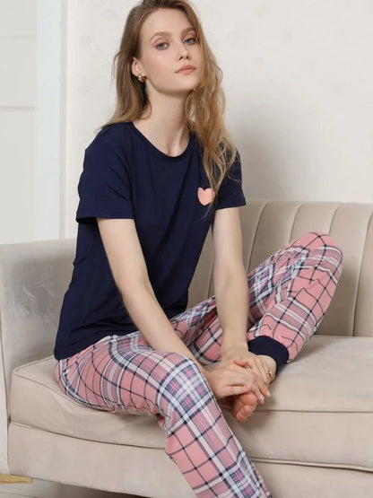 Zweiteilige Damen New Style Love Pattern Kurzarm Bluse Plaid Hose Casual Pyjamas Home Anzug.