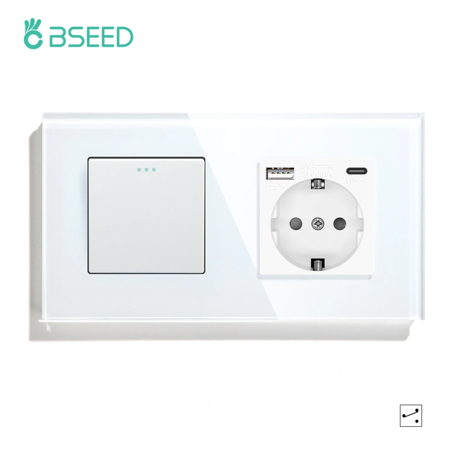 BSEED 1/2/3 Gang Wandschalter 2-Wege-Treppenlichtschalter Plus Typ-C USB-Buchse EU-Standard-Glasscheibe.