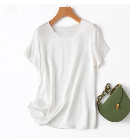 Women 100% Mulberry Silk 19 Momme half sleeve Crew Neck Top Shirt Blouse T-shirt More Colors M L XL MM4270