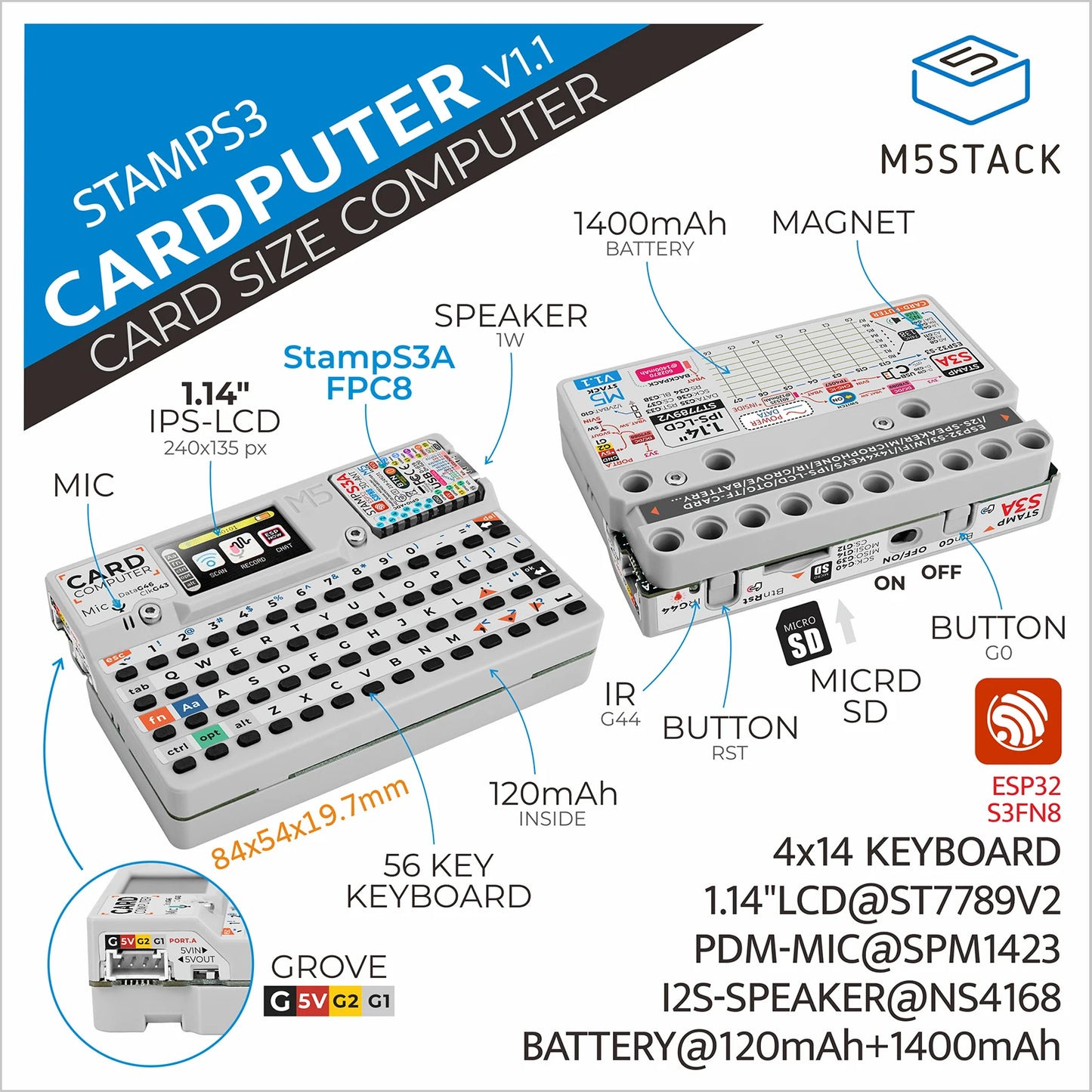 M55Stack Official Cardputer v1.1 with M5stampS3A  Board ESP32-S3 Portable Computer 1.14 Inch Screen 56Key Keyboard Card.
