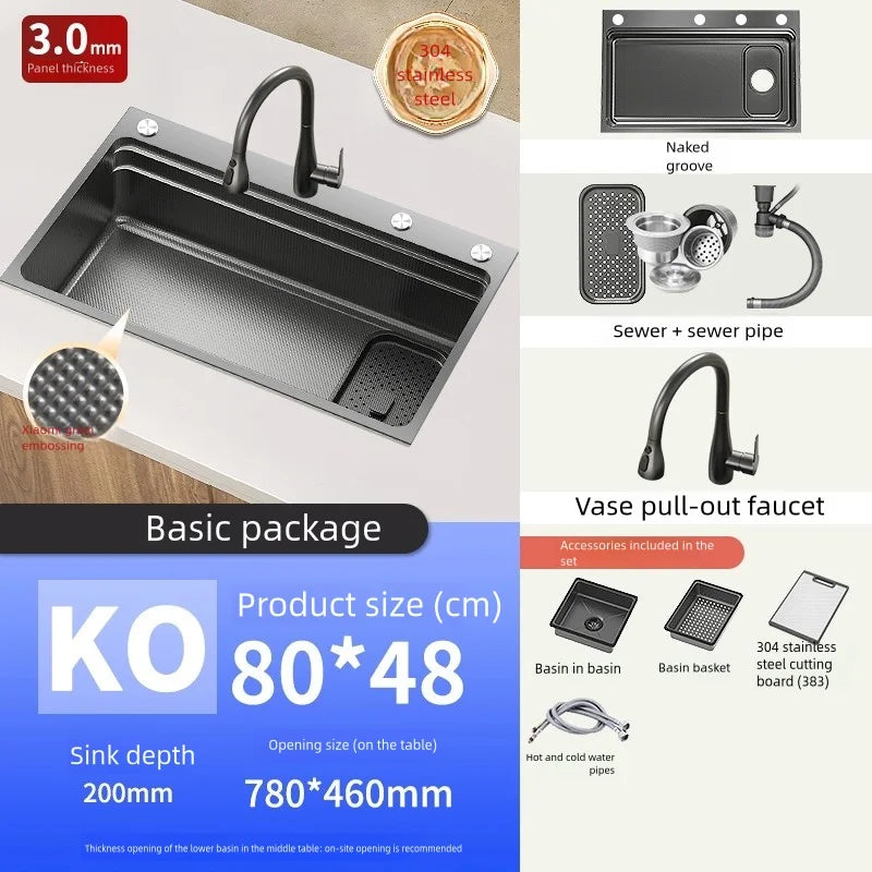 Black 304 Stainless Steel Kitchen Sink Household Multifunction Wash Dish and Vegetables Basin Large Single Slot Undermount Basin