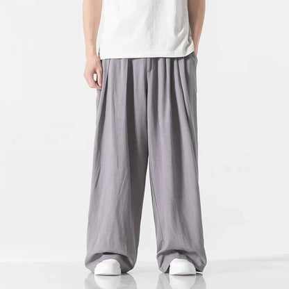 Hanfu Spirit Draped Linen Pants For Men Straight-leg Casual Trousers Chinese Style Loose-fit Ancient Wide-leg Song Trousers