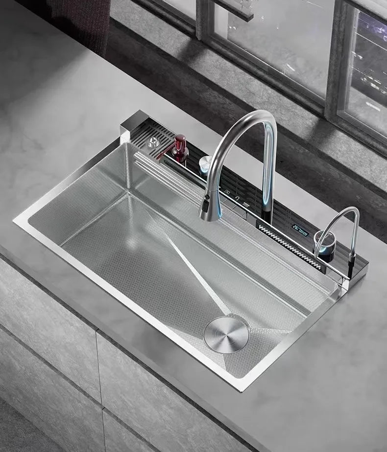 Stainless Steel Silver Kitchen Sink Multifunction Waterfalls Intelligent Digital Display Faucet Household Large Single Slot