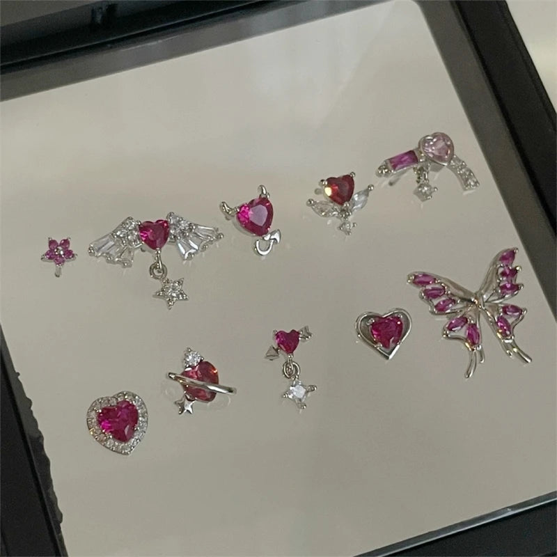 New Trendy Shiny Rose Red Color Zircon 316L Stainless Steel Ear Bone Nail Y2K Gothic Love Heart Small Earrings for Women Jewelry.