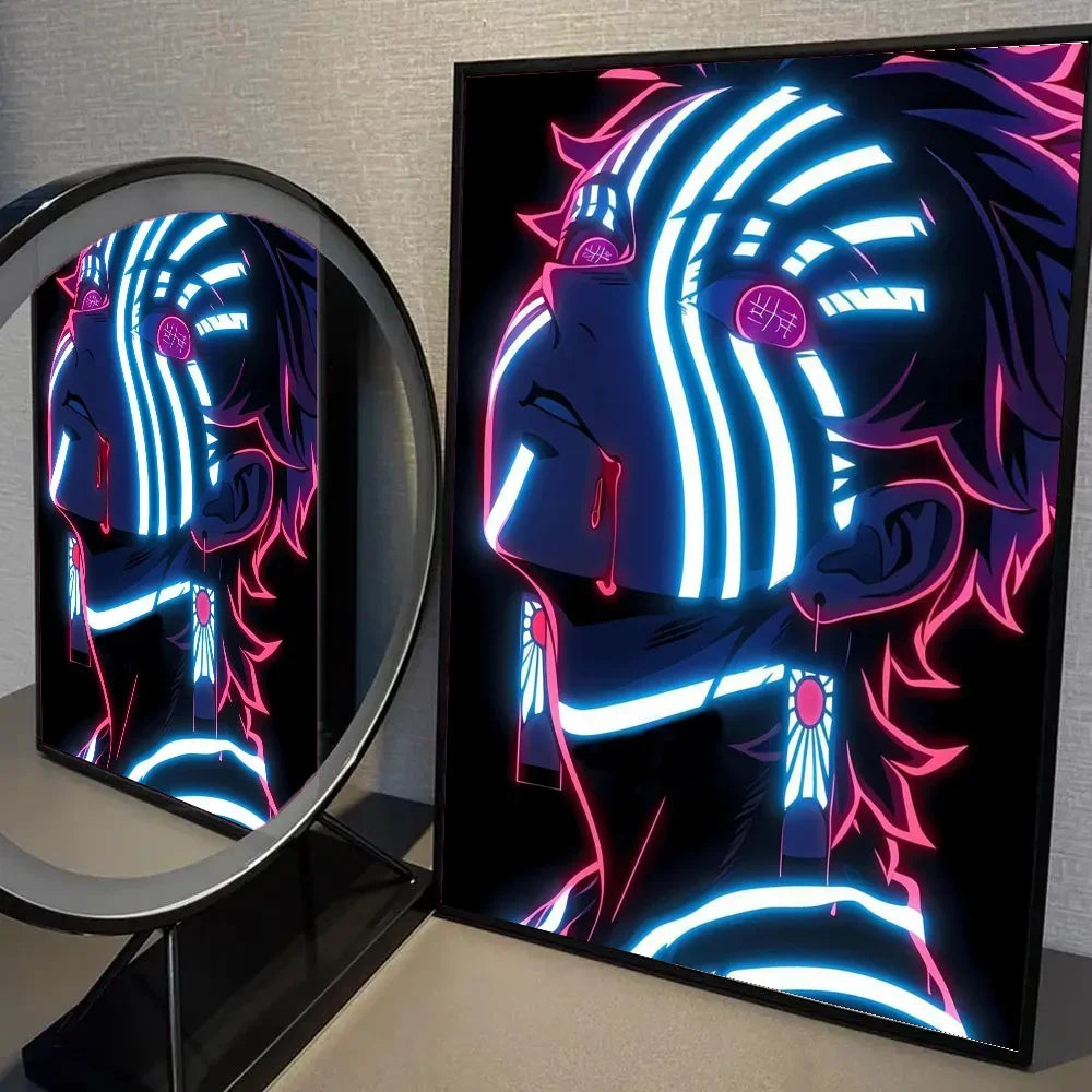 1pc Neon Effect Japan Anime Demon Slayer Tanjiro Nezuko Character Poster Self-adhesive Art Waterproof Paper Sticker Wall Decor.