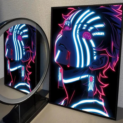 1pc Neon Effect Japan Anime Demon Slayer Tanjiro Nezuko Character Poster Self-adhesive Art Waterproof Paper Sticker Wall Decor.
